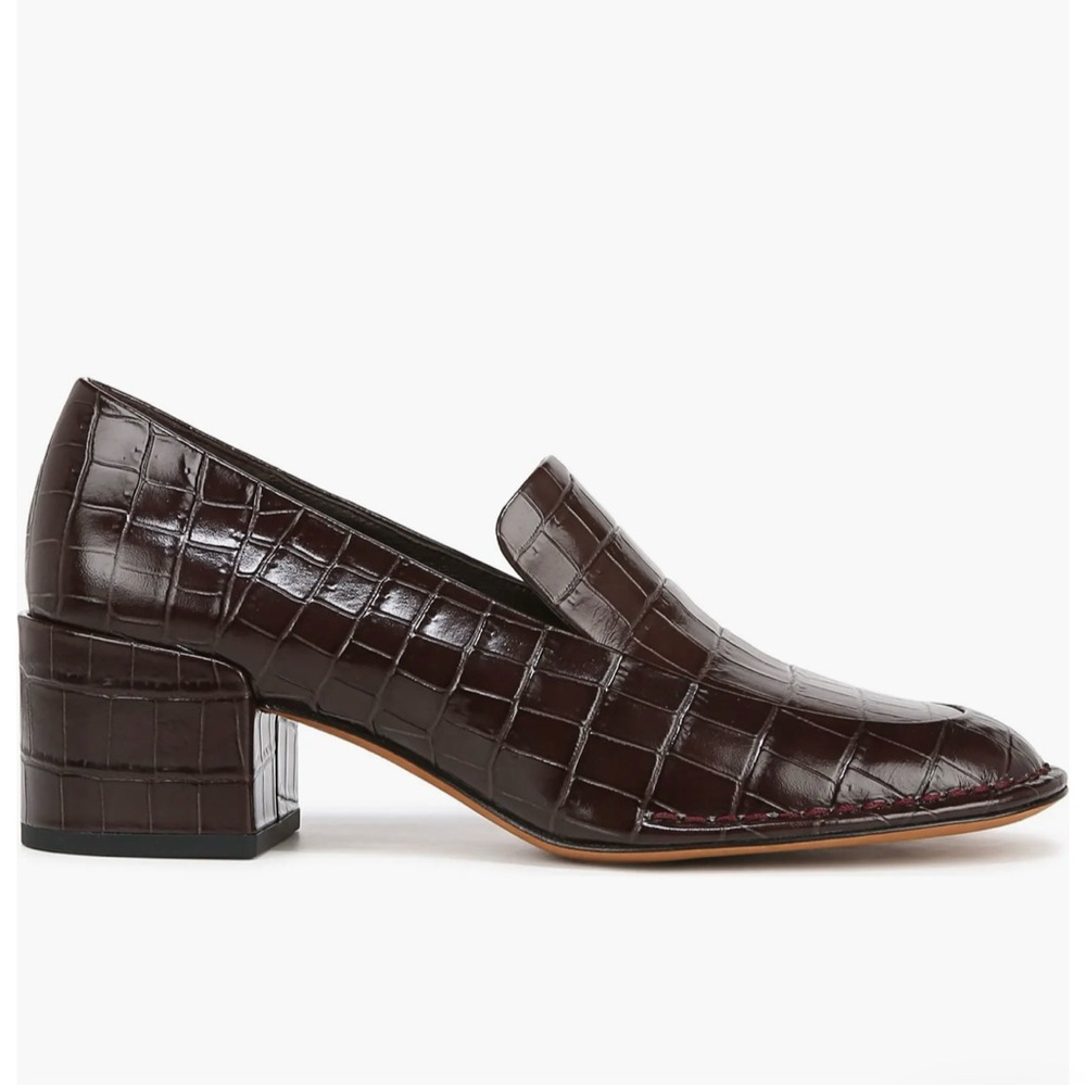 Vince Millie loafer block heel cocoa brown burgundy Croc-Embossed